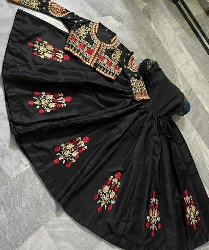 Stylish 3 pcs black embroidered maxi suit in katan silk