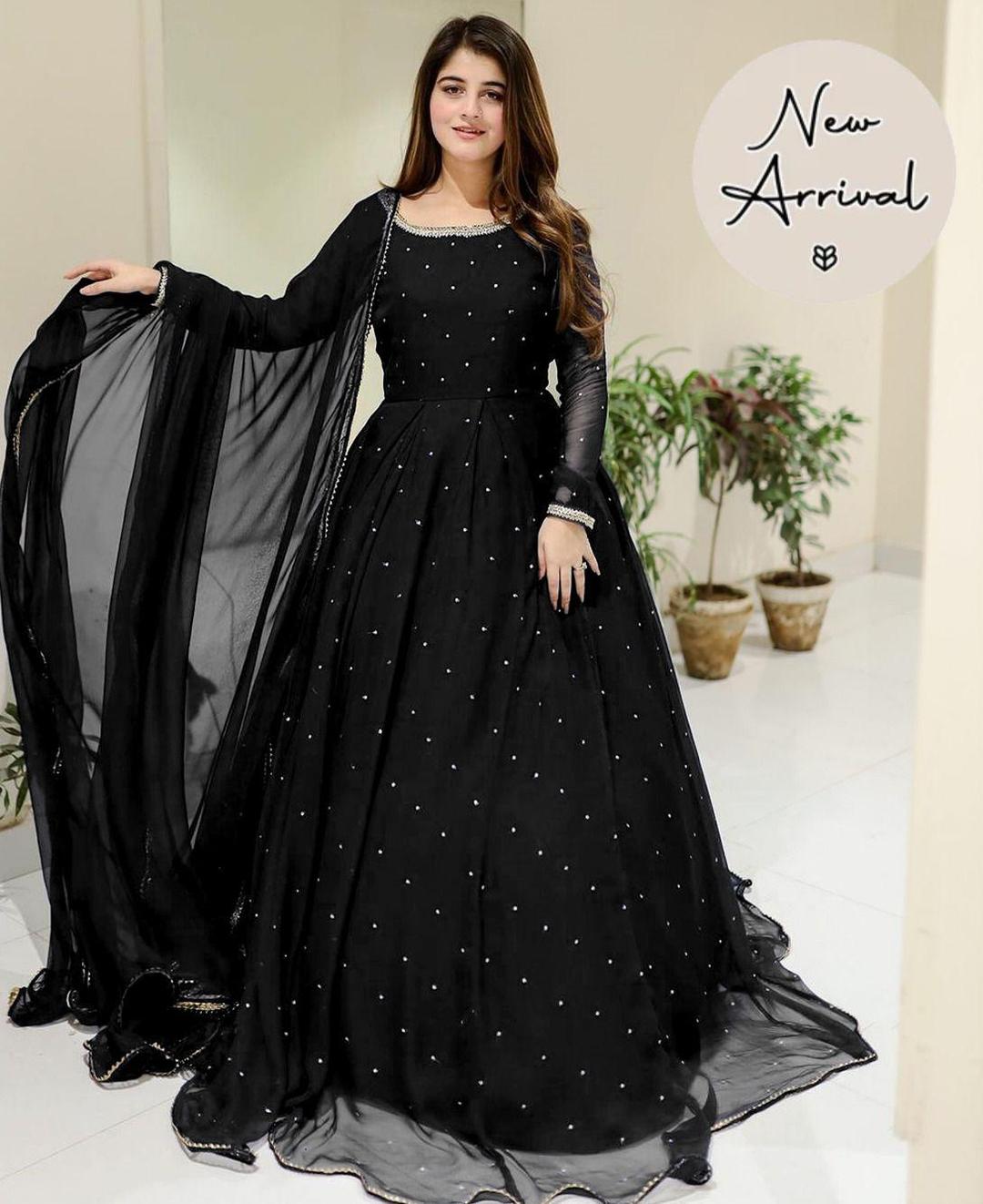 Elegent black embroidered chiffon maxi suit with dobata and trouser  3 pcs set