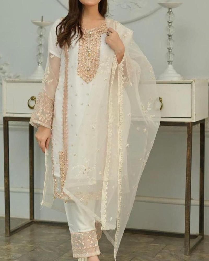 3 pcs women's stitched organza embroidered suit