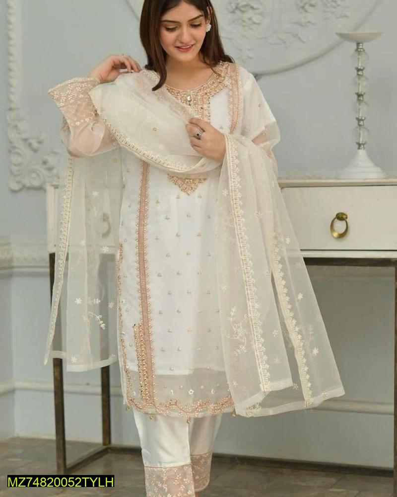 3 pcs women's stitched organza embroidered suit