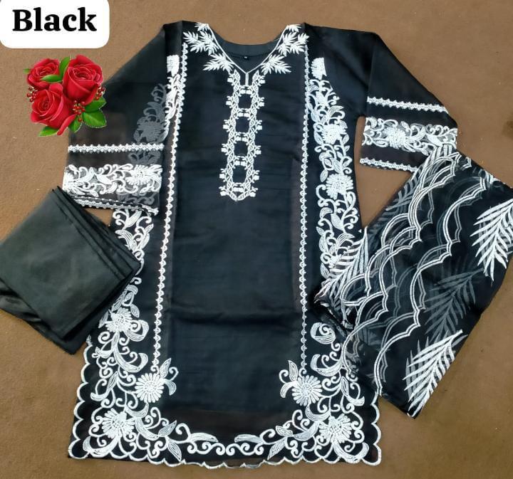 Elegant black organza embroidered suit for women's  3 pcs set